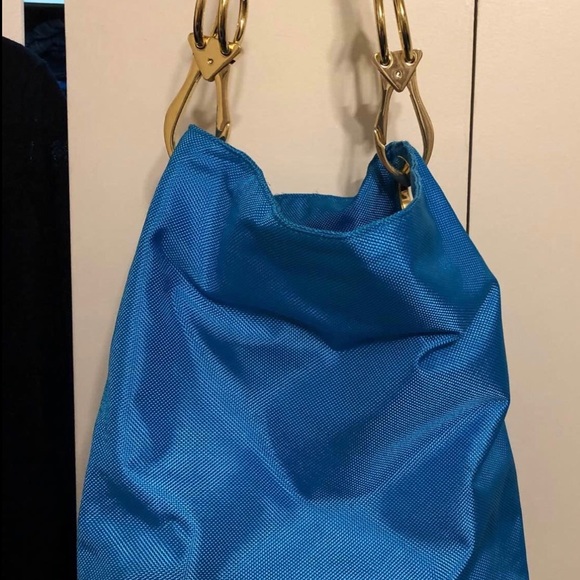 Blue shoulder bag, fabric and leather gold detail - Picture 1 of 4
